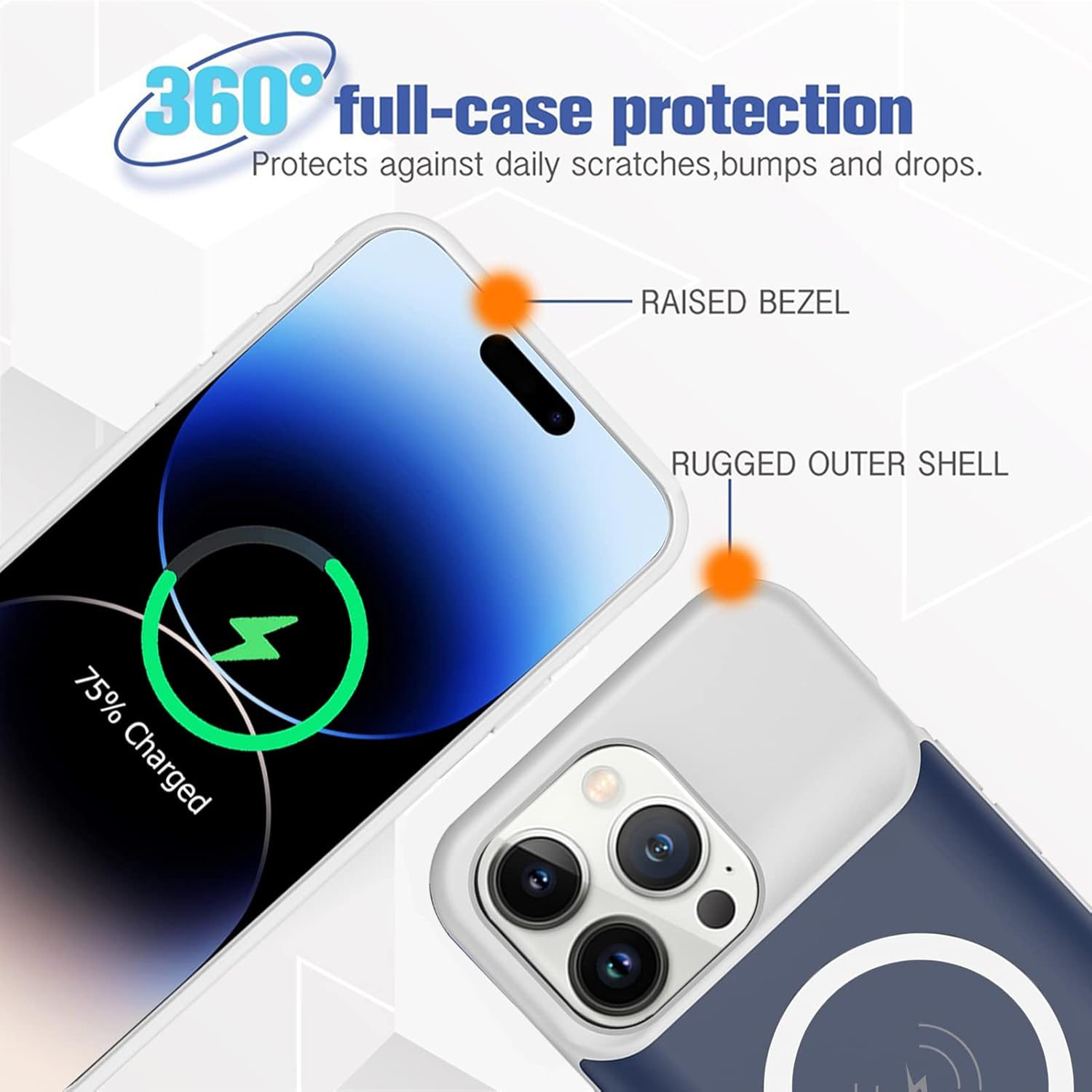 Funda de batería para iPhone 14 Pro, Full Encircle 7000mAh, recargable, inteligente, portátil, cargador portátil, paquete de batería extendida,