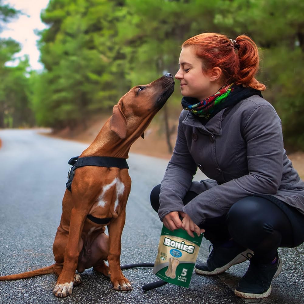 Bonies Aliento y fórmula dental golosinas para perros, ingredientes totalmente naturales, aliento fresco, limpia los dientes, bajo en calorías,