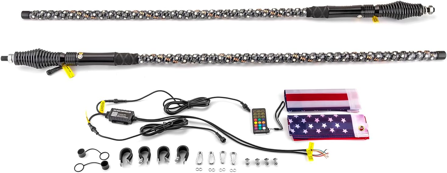 WeiSen 2 luces LED RGB de 4 pies con aplicación Bluetooth, base de resorte de 360 en espiral RGB persecución todoterreno antena iluminada látigos