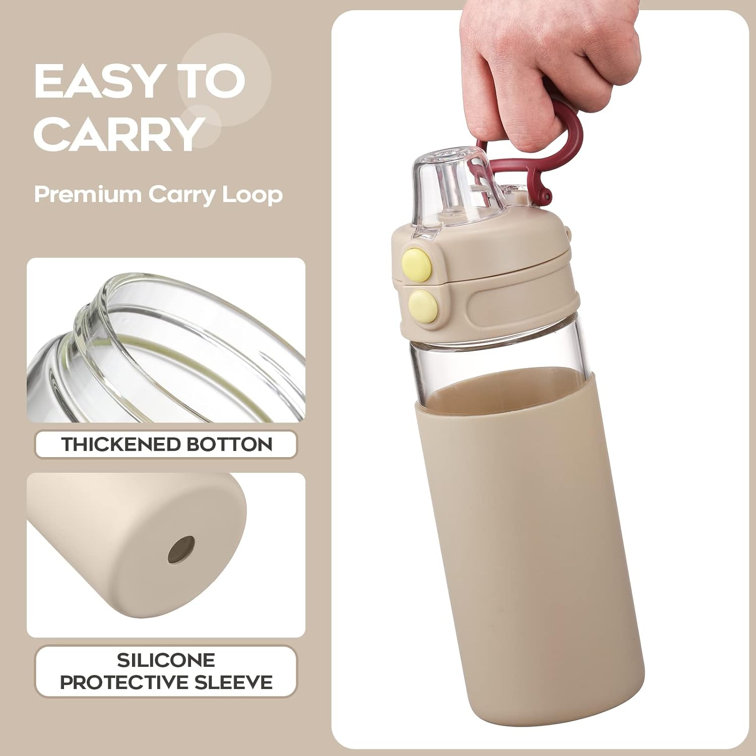 chunmo Botella de agua de vidrio de 24 onzas con tapa de popote y boquilla, botellas de agua reutilizables para mujeres, boca ancha, sin BPA,