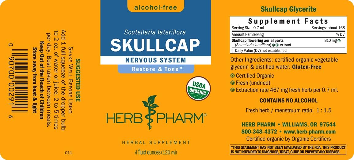 Herb Pharm Extracto líquido orgánico certificado Skullcap para apoyo del sistema nervioso, glicerita sin alcohol, 4 onzas