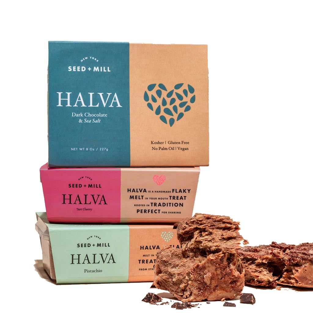 Seed + Mill Halva Trio (Pistacho, sal marina chocolate negro y cereza) vegano, kosher y sin gluten disfruta de este aperitivo vegano y caramelo