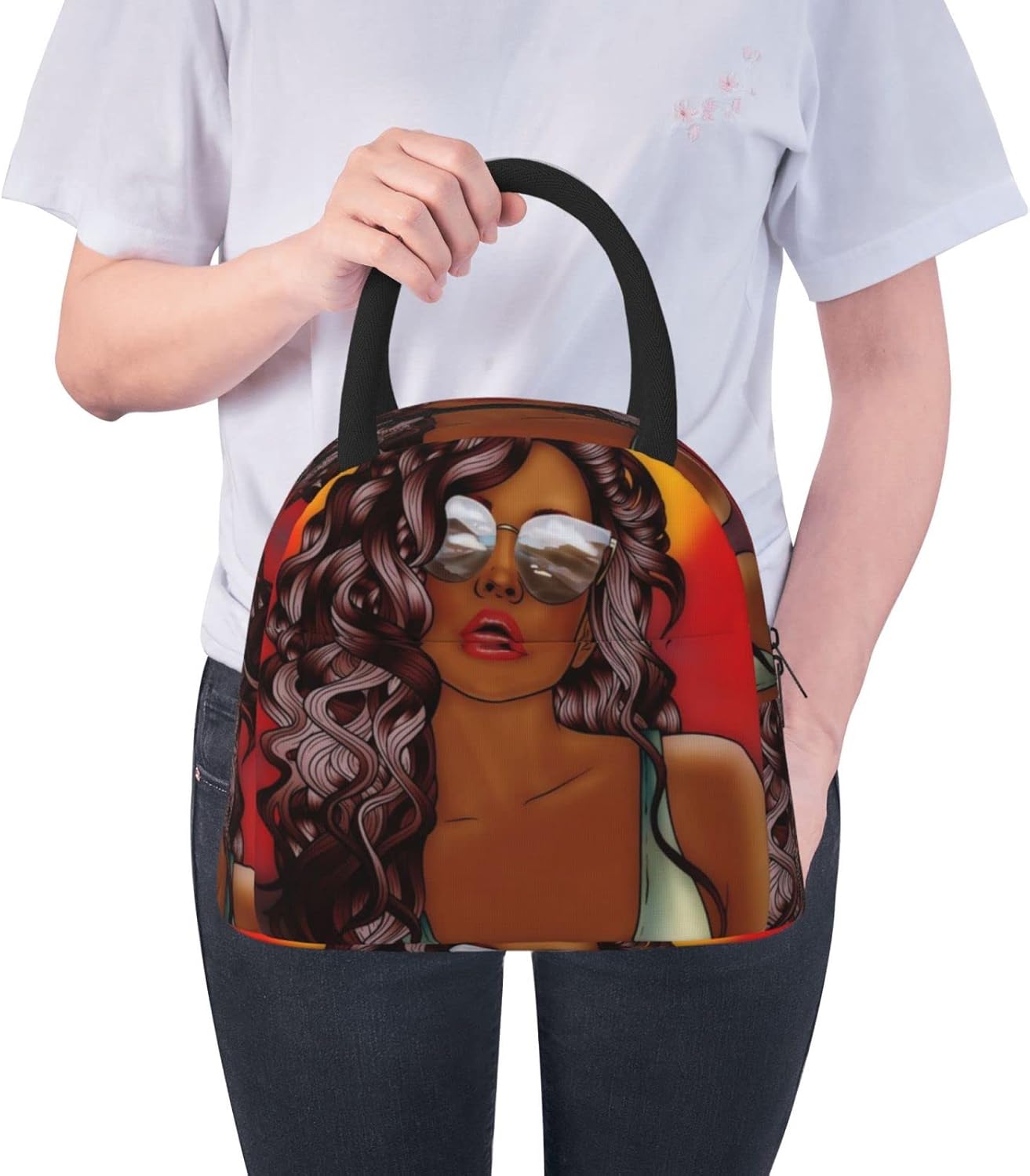 Fiokroo Bolsa de almuerzo aislada con aislamiento para niñas afroamericanas, reutilizable, impermeable, bolsa de almuerzo para escuela, trabajo,
