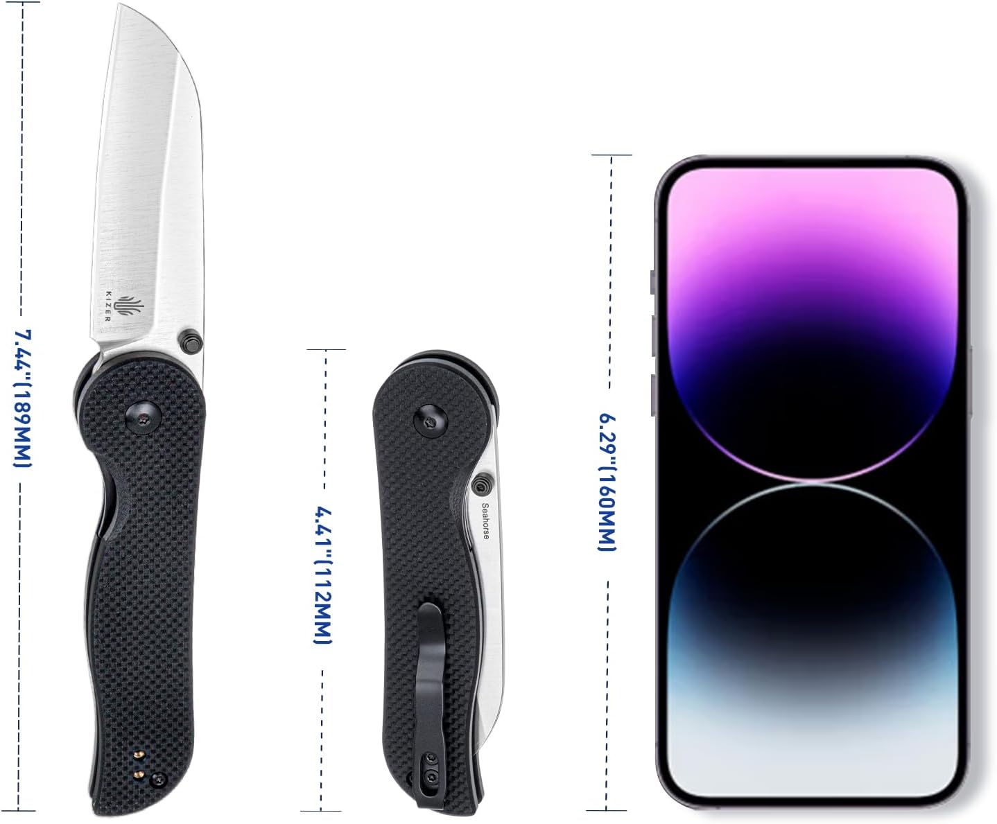 Kizer Cuchillo plegable de caballito de mar, hoja de acero 9Cr18MoV de 3.03 pulgadas, cuchillo de bolsillo negro G10 con abridor de perno de pulgar,
