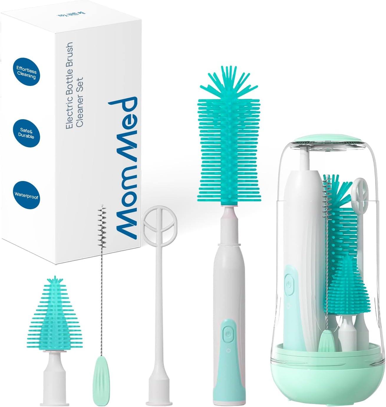 MomMed Cepillo eléctrico para botellas, juego de cepillos eléctricos para biberones con botella de silicona, chupete, cepillo para popote y cabezal