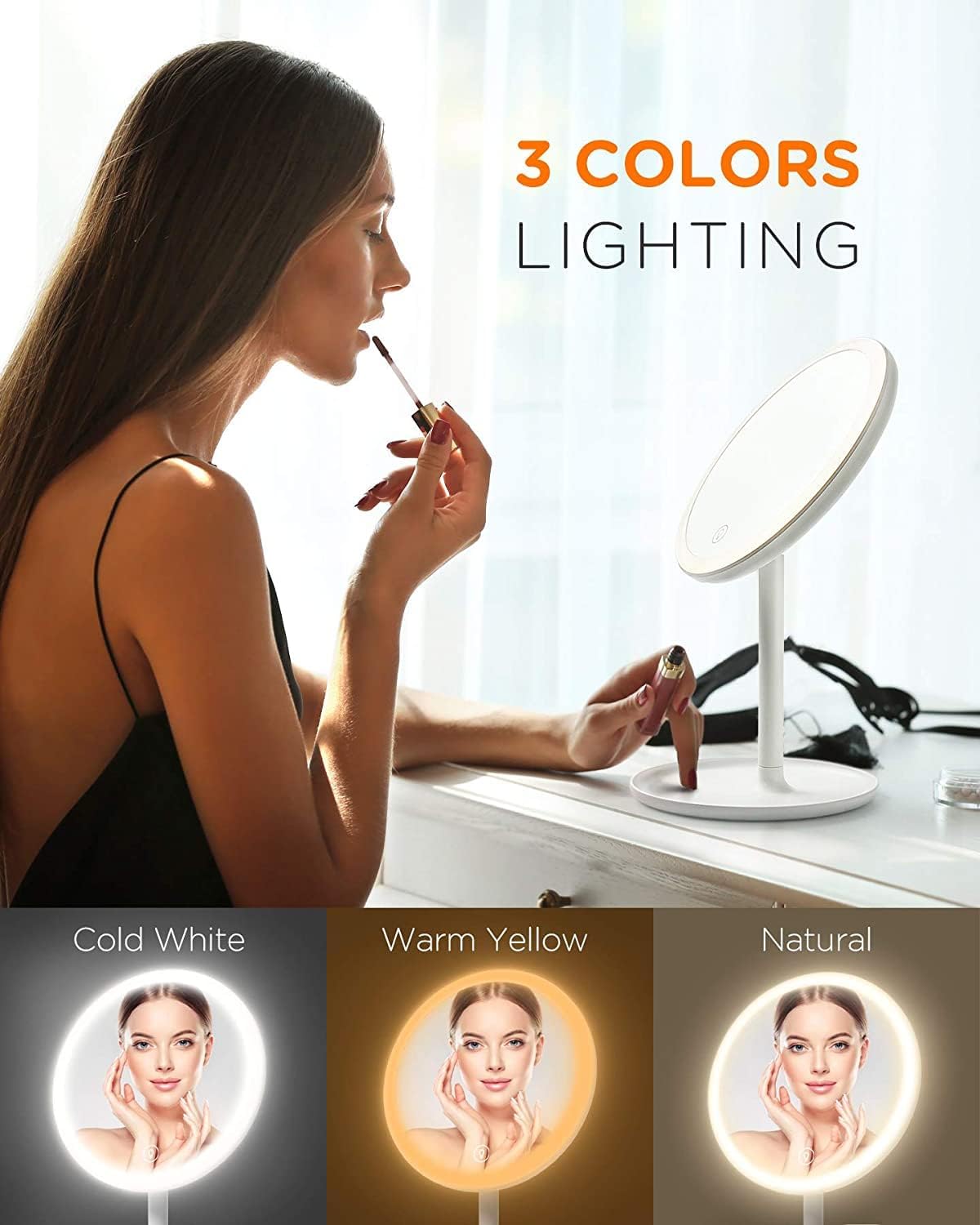 Espejo de maquillaje LED con luces, espejo de belleza iluminado con aumento 5X, iluminación de 3 colores, control táctil, espejo cosmético LED de