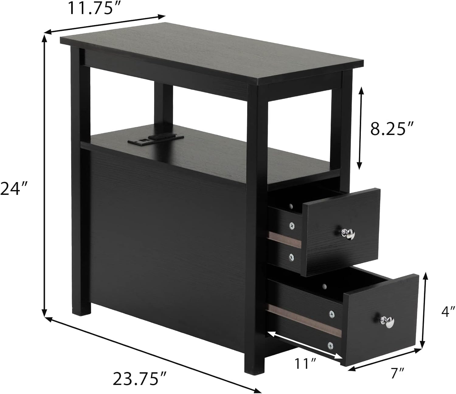 Mesa auxiliar con estación de carga, mesa auxiliar estrecha para sofá, mesita de noche de madera, muebles de sala de estar, negro