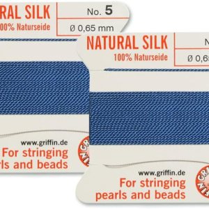 Griffin – Cordón para cuentas de seda natural, 2 unidades, hilo y aguja, tamaño 5, color azul Griffin – Cordón para cuentas de seda natural, 2 unidades, hilo y aguja, tamaño 5, color azul