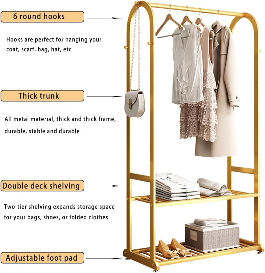 Perchero de ropa resistente, percheros dorados para colgar ropa, perchero de metal moderno con estantes dobles inferiores y 6 ganchos laterales para