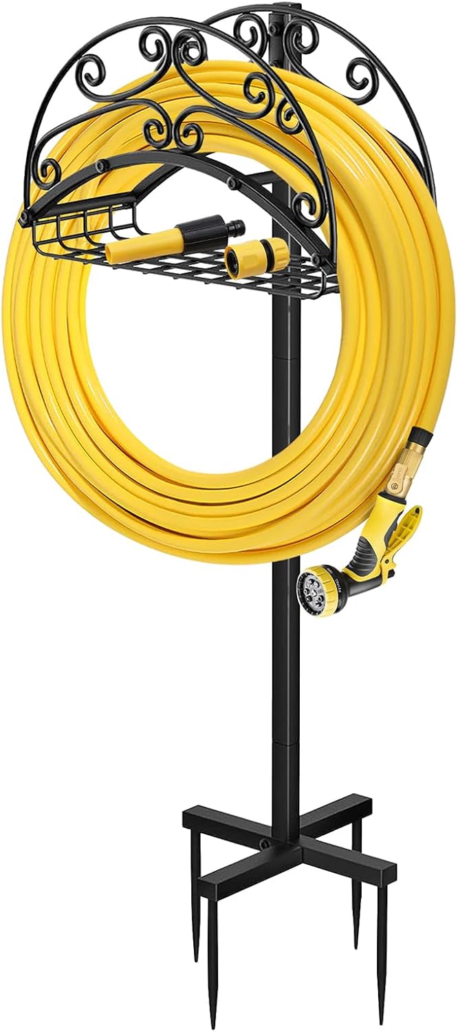 HOOPLE Soporte para manguera de jardín, carrete de manguera desmontable, colgador de manguera de agua de metal resistente, soporte de manguera de