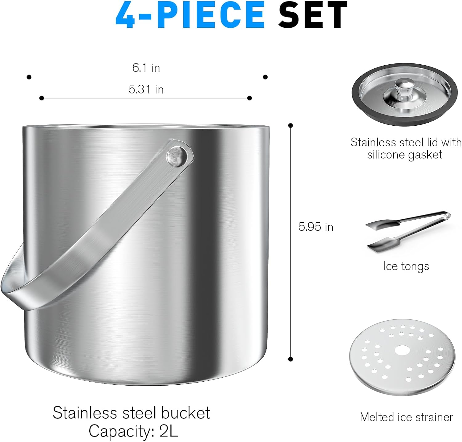 Cubo de hielo de 2 litros con tapa de silicona, colador, pinzas, pequeño cubo de hielo de acero inoxidable aislado de doble pared para cócteles y