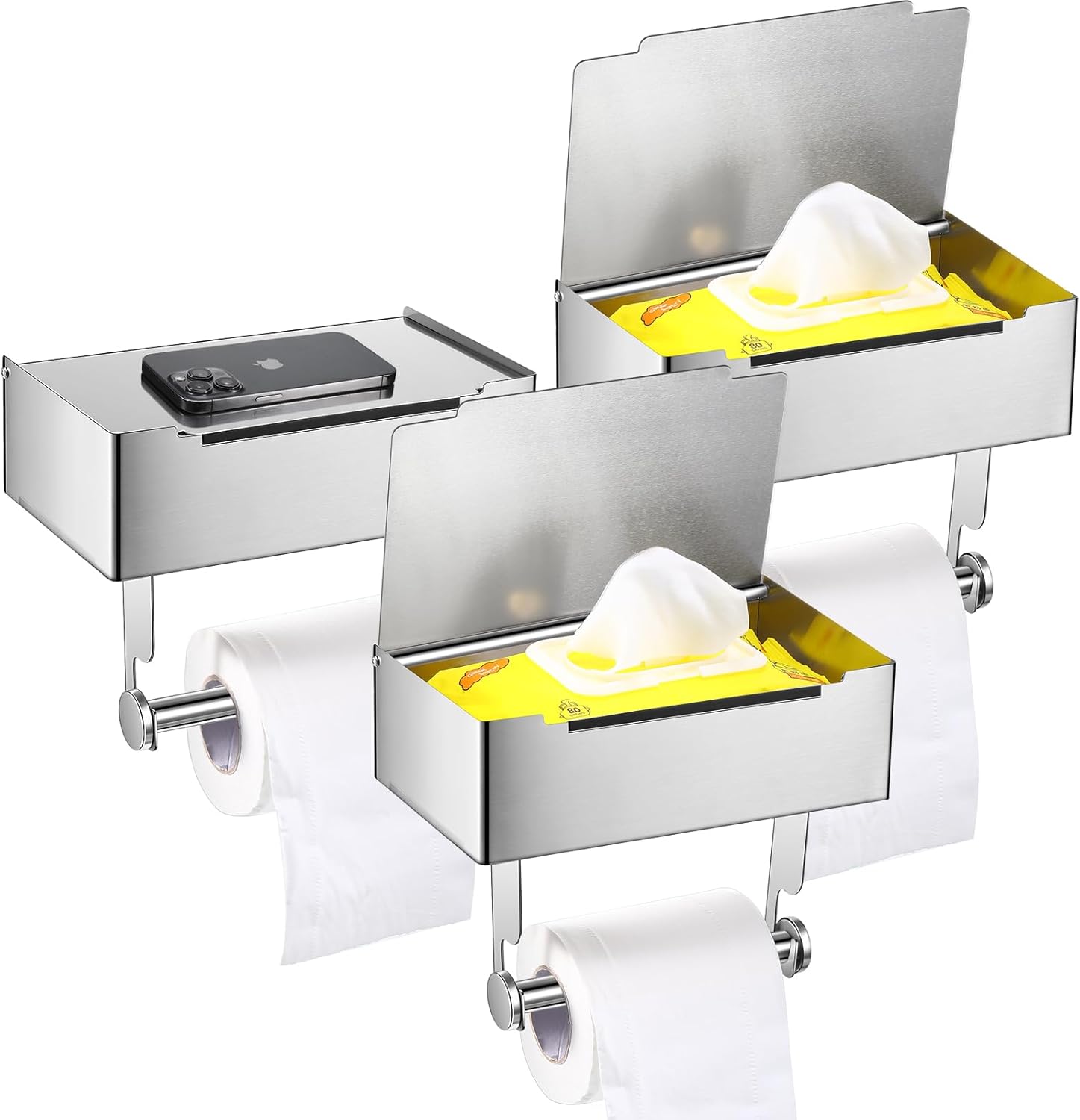 Layhit 3 piezas de soporte de papel higiénico con estante dispensador de toallitas desechables de acero inoxidable para montaje en pared de papel