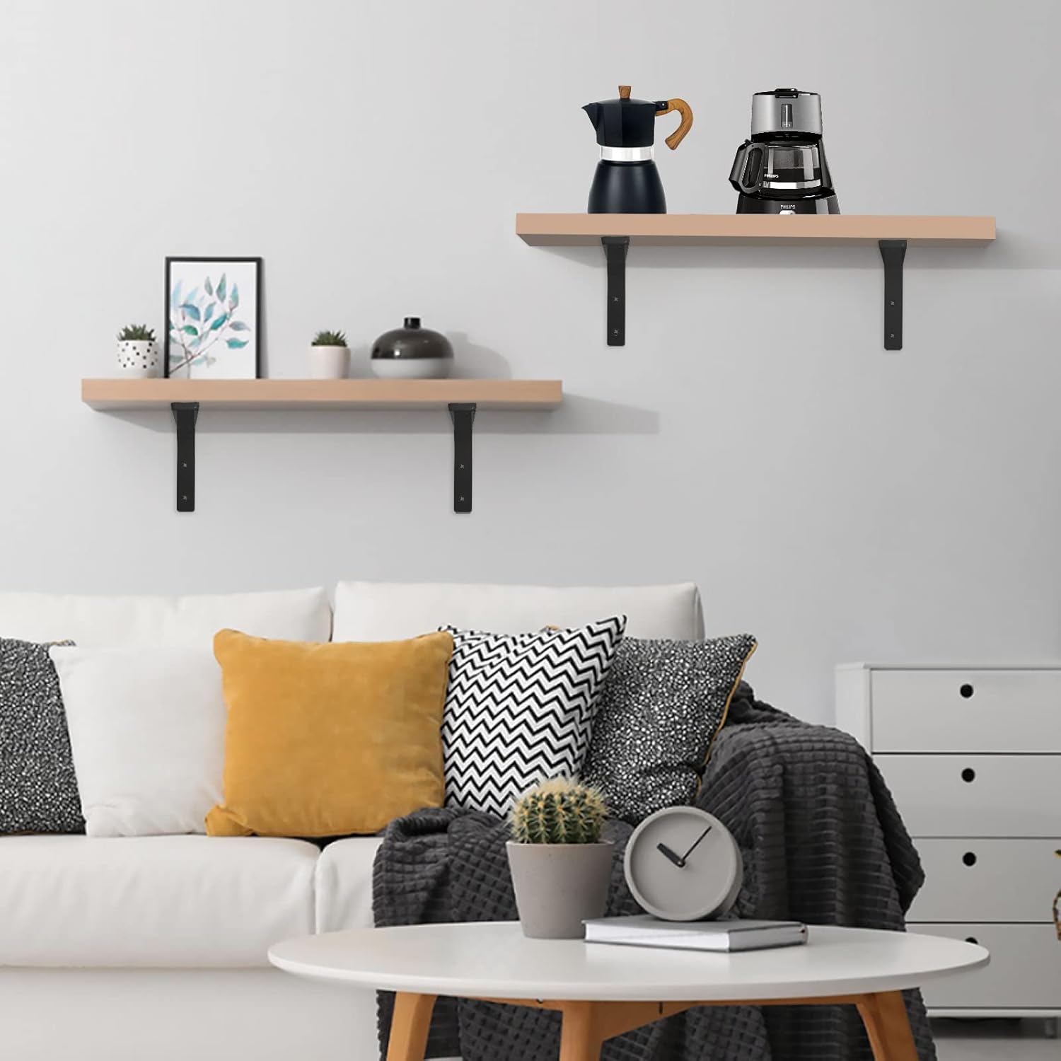 Paquete de 8 soportes de estante de 6 pulgadas, soporte flotante de 90 grados, soporte negro en forma de L, soporte de pared para estante (negro)