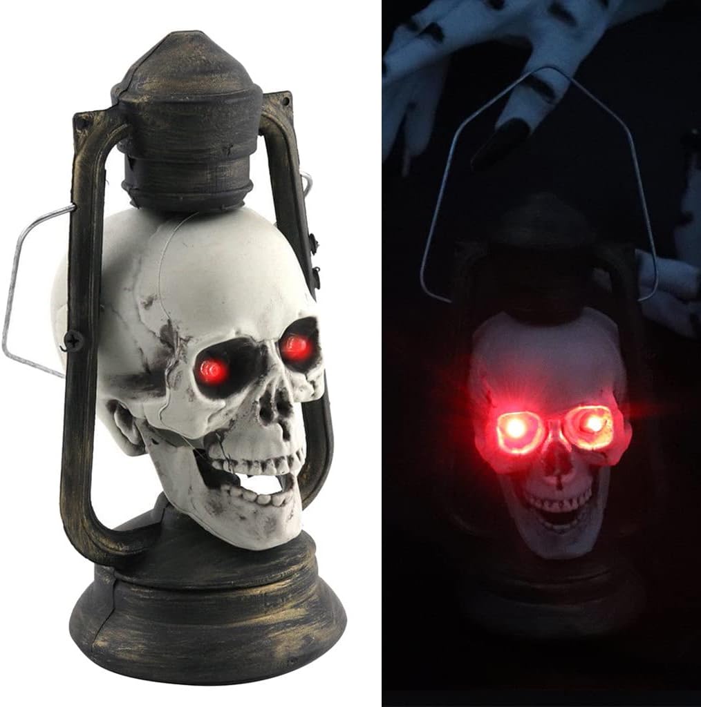 Farol de Halloween con luz LED de estatua de cráneo, decoración de Halloween, luz nocturna de resina, accesorio de calavera de terror, decoración de