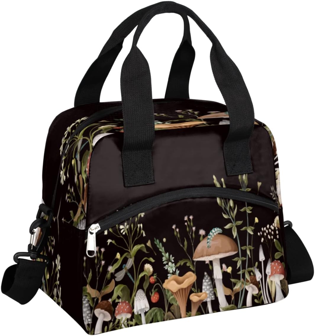 Lonchera con diseño de hongos del bosque, bolsa aisladaenfriadora para mujeres, hombres, niñas, niños, hojas de hierbas, bolsa de almuerzo con