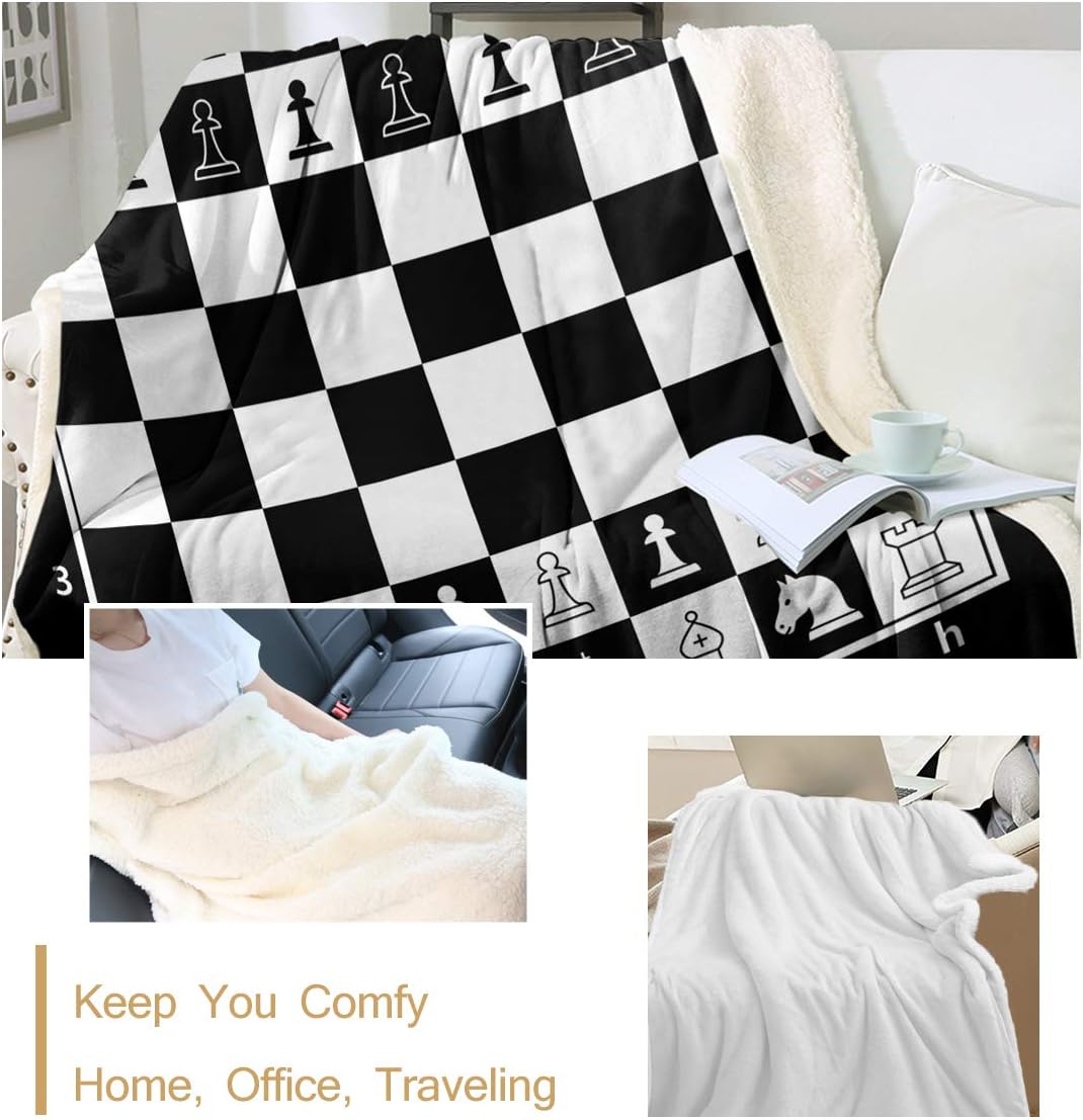 Sleepwish Manta de forro polar Sherpa con patrón de cuadrícula de ajedrez, súper cálida y ligera, para cama, sofá, blanco y negro, tamaño Queen (90