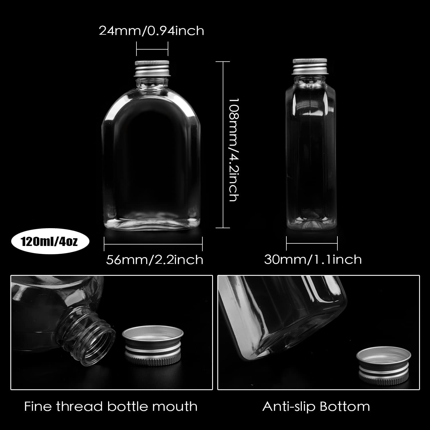 Botellas de plástico con tapas, paquete de 24 botellas transparentes para jugo, botella de agua plana, botella de plástico reutilizable, mini