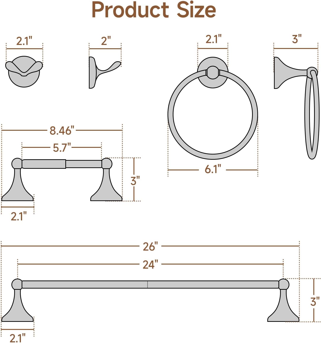 USHOWER Juego de accesorios de baño de níquel cepillado, juego de toallero de 24 pulgadas montado en la pared, juego de accesorios de baño