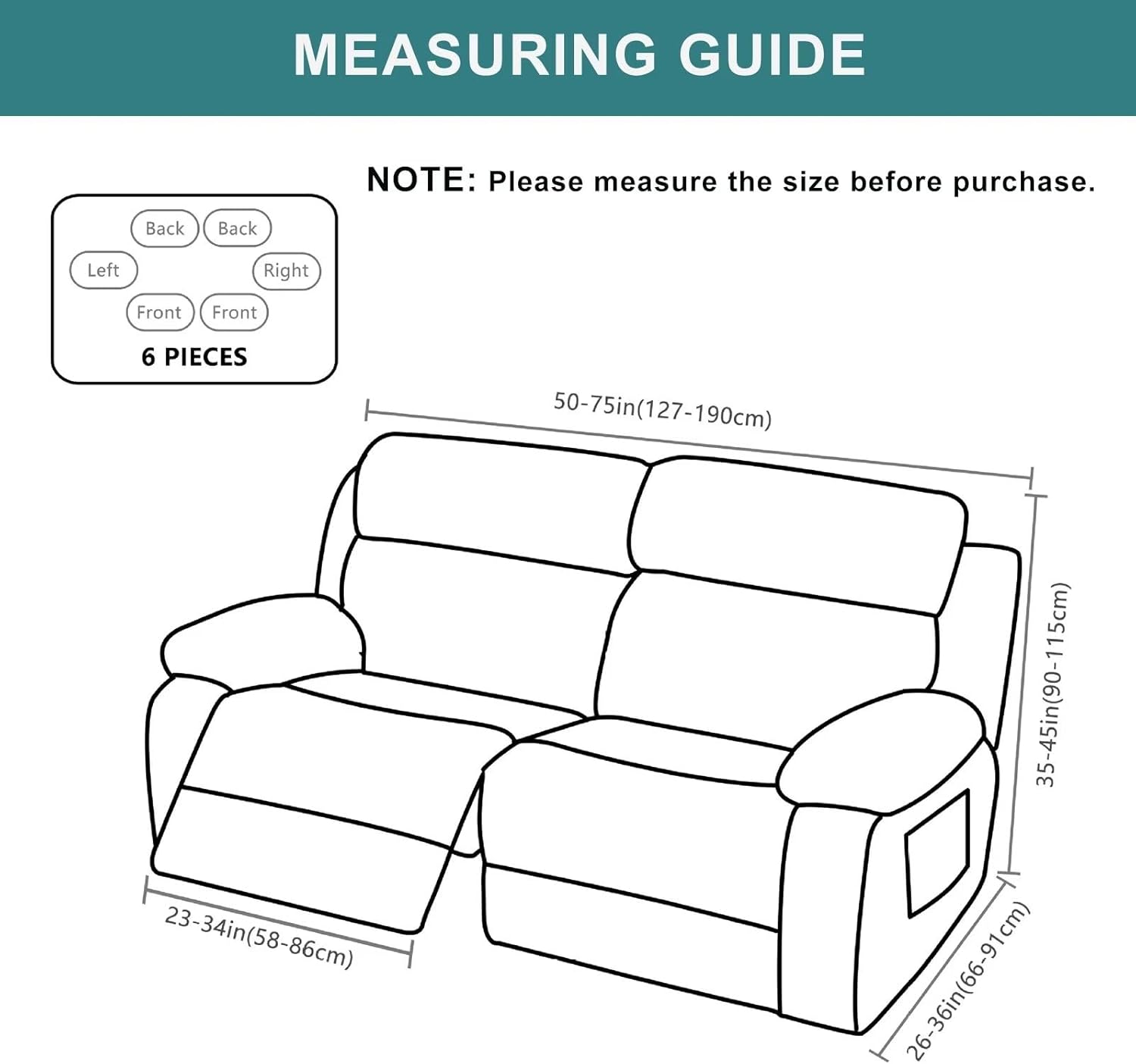 NILUOH Fundas para sofá biplaza reclinable, 6 piezas, fundas elásticas para sofá reclinable de 2 asientos, protector de muebles con parte inferior