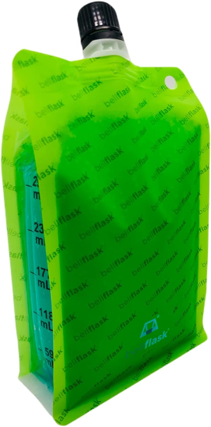 Frasco de 15 onzas, patentado, flexible, sin metal, reutilizable, plástico, sin BPA con clip de mosquetón y embudo de llenado