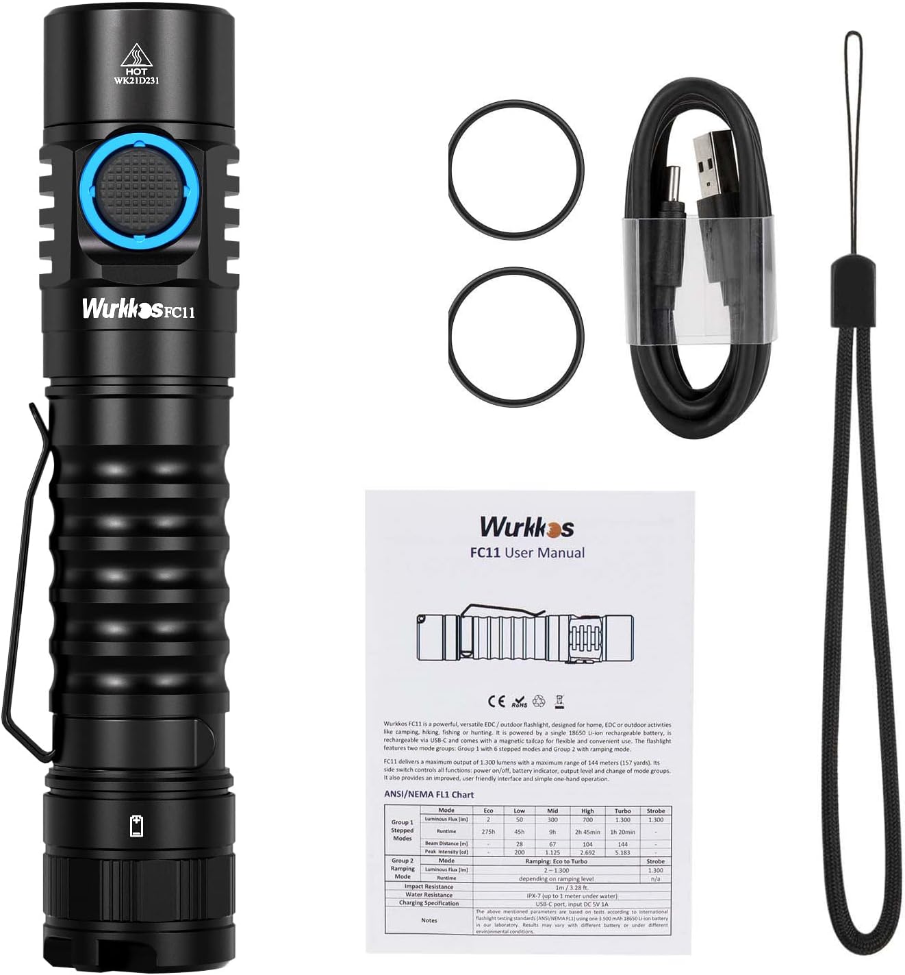 Wurkkos FC11 EDC - Linterna LED 90CRI Max 1300 lúmenes, linterna recargable IP67, impermeable IP67, tapa trasera magnética, ideal para emergencias - Imagen 9