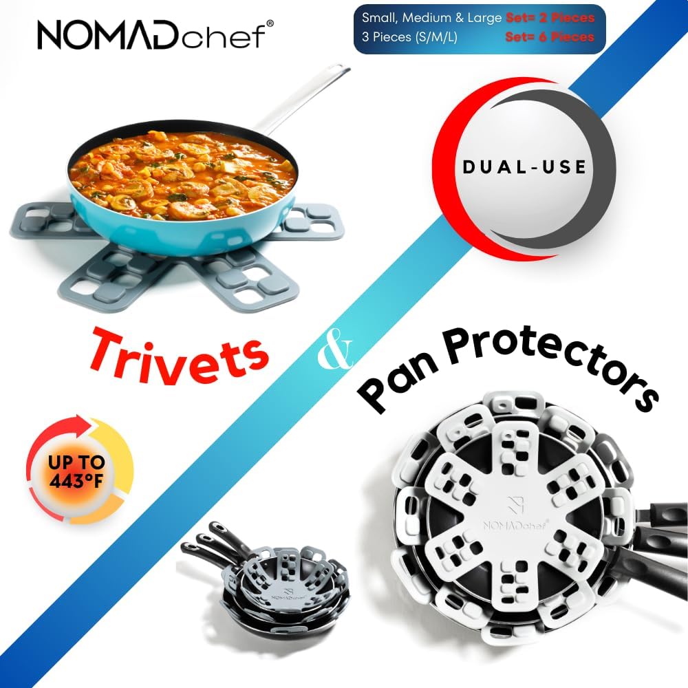 NOMADCHEF Salvamanteles de doble uso para platos calientes y protectores de sartén de silicona para apilar  Alfombrilla de salvamanteles de silicona