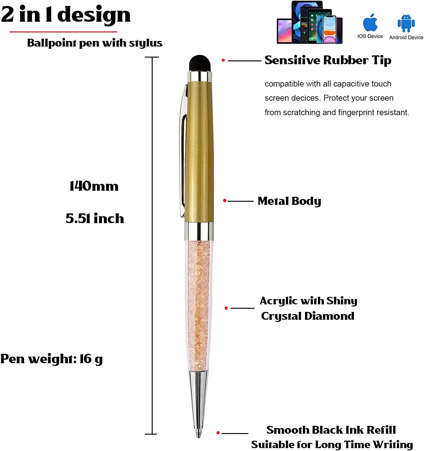 Ancolo Personalized ball Pens with Crystal Stylus Tip – Smooth Writing Set – Engraved with Your NameSloganAddress – Gift for