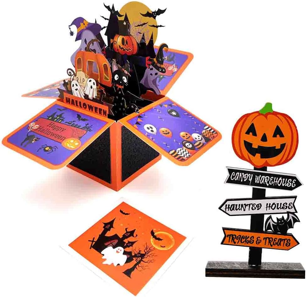 Tarjeta desplegable de Halloween, 3D de casa encantada, fantasma, calabaza, tarjetas para fiesta de Halloween con sobres, etiqueta de notas y