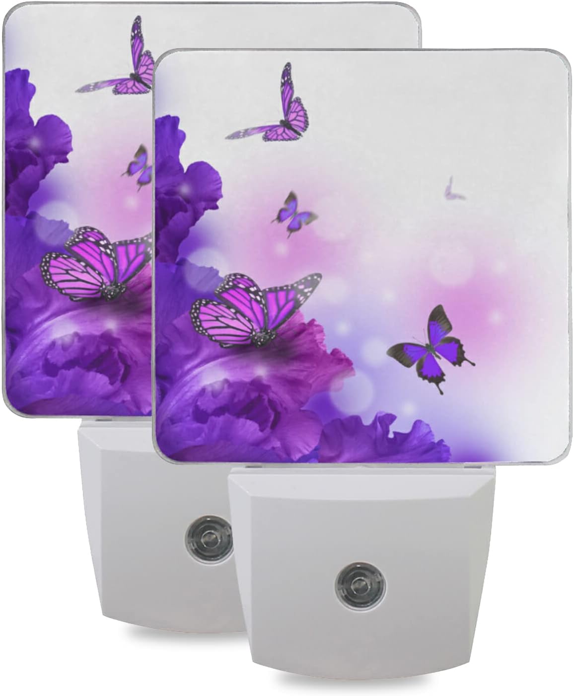 ALAZA Juego de 2 luces de noche de flores moradas, tulipán de mariposa, luces LED de noche enchufables automáticas del atardecer al amanecer,