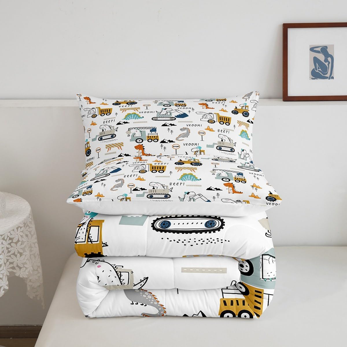 Feelyou Juego de ropa de cama de construcción, tamaño individual, con equipamiento de camiones, para niños y niñas, decoración de dinosaurios,