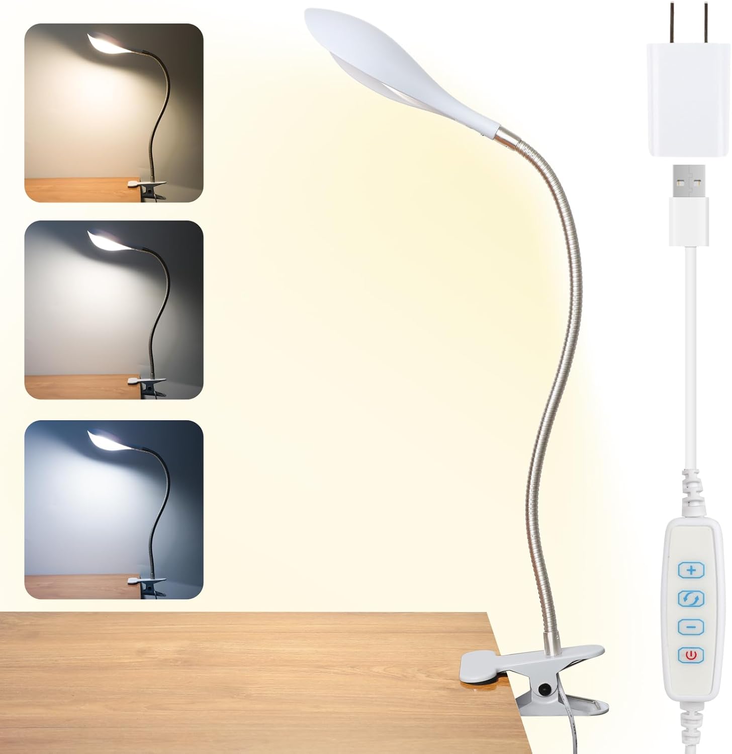 Lámpara de escritorio con abrazadera, luz de lectura con clip, 3 modos de color, 10 atenuadores de brillo, luz de lectura flexible de cuello de