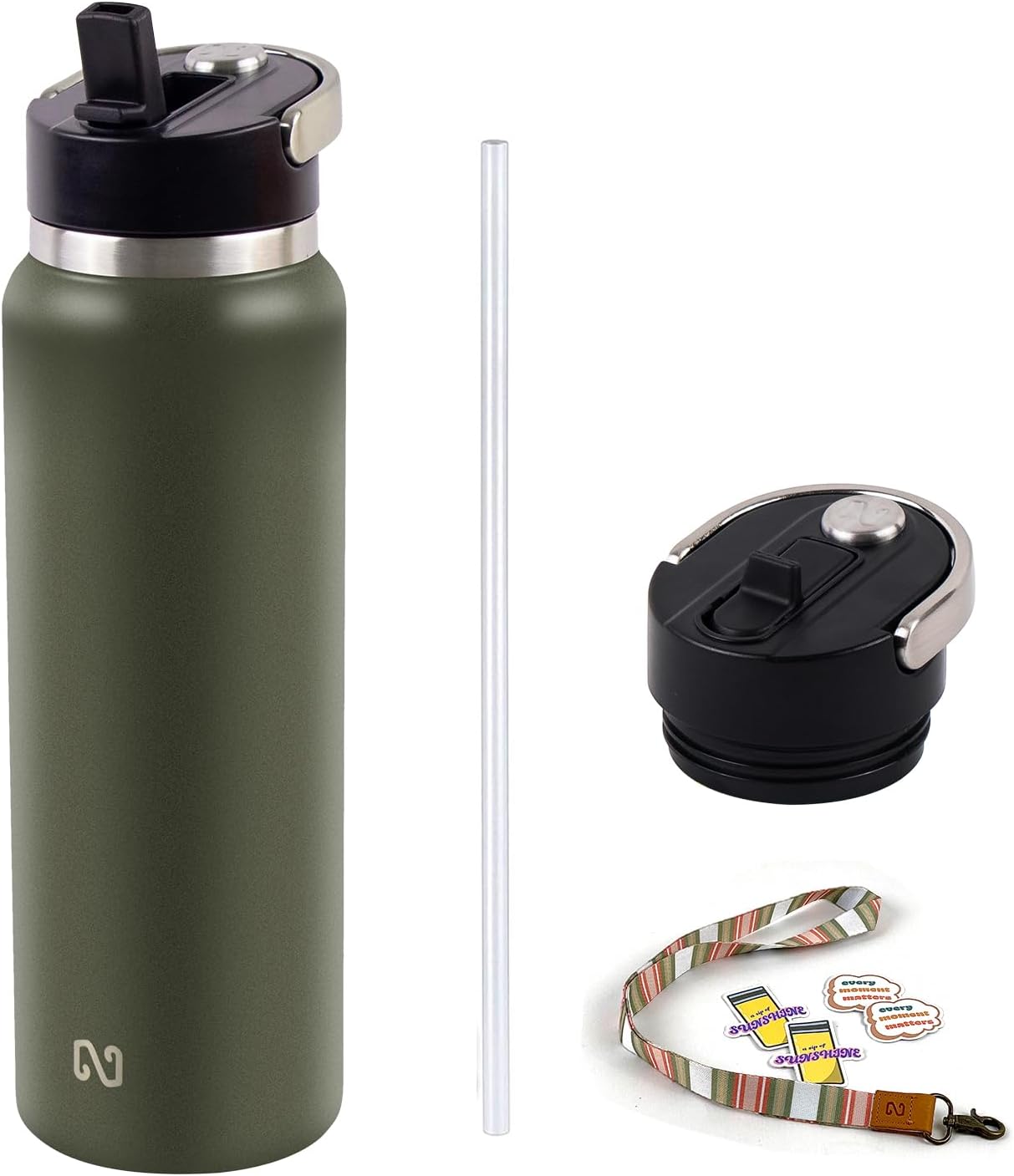 Botella de agua aislada sin BPA, botella de agua metálica de 40 onzas, de acero inoxidable con popote y tapa con asa, botella de agua térmica