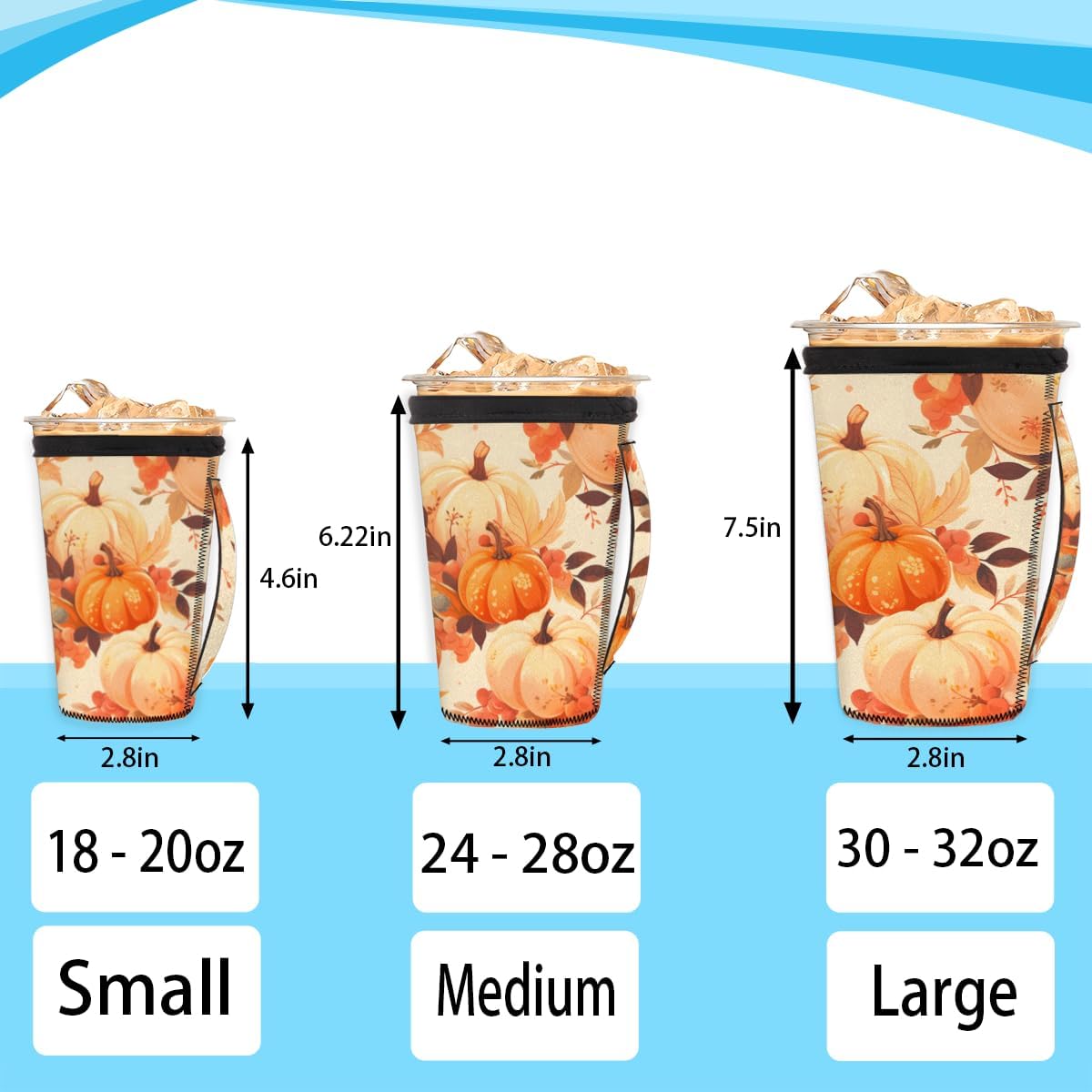 Funda de neopreno reutilizable con asa para café helado de calabaza de Acción de Gracias, para otoño y otoño, para bebidas calientes y frías, 18