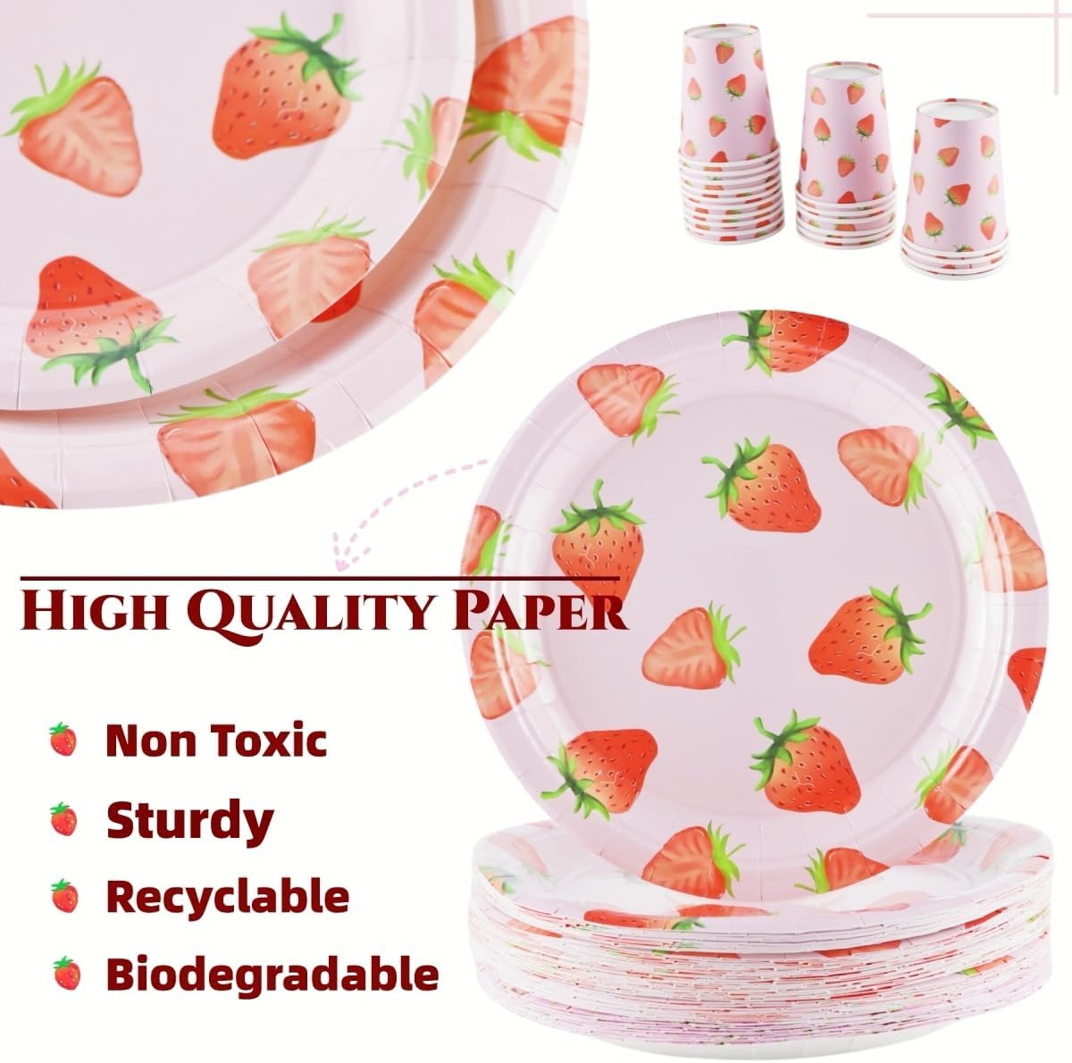 Juego de vajilla de fiesta de fresa, 200 piezas de suministros para fiesta de cumpleaños, platos de papel desechables de fresa, platos de cena,