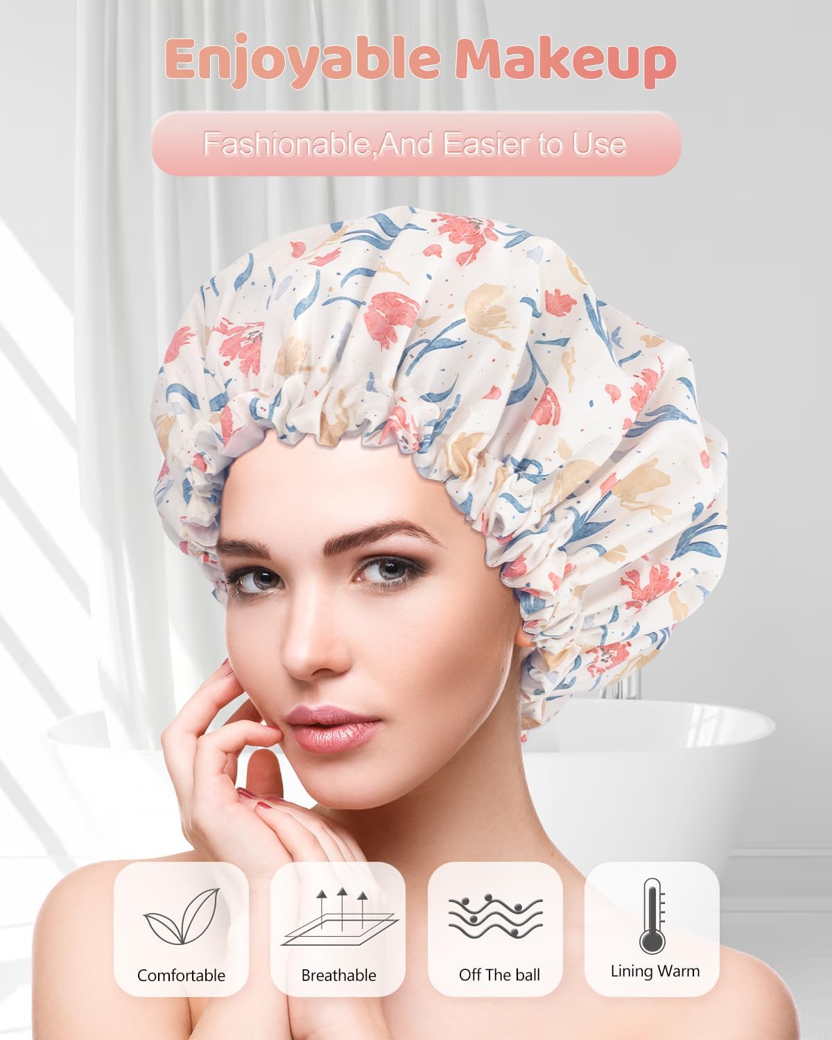 Aquior Gorro de ducha impermeable de doble capa para mujer, gorro de ducha grande reutilizable para todas las longitudes de cabello con forro de