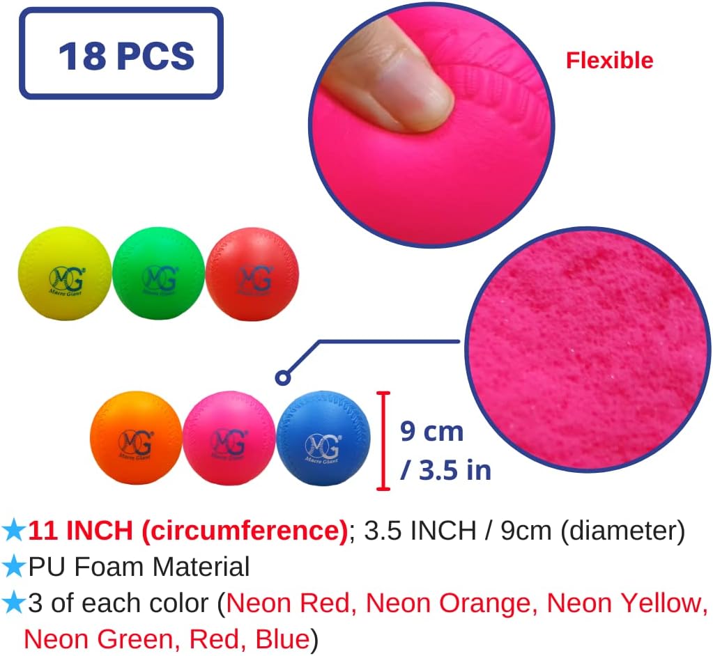 Macro Giant – Pelota de espuma de poliuretano de 3.5 pulgadas (diámetro), juego de 18, multicolor, práctica de entrenamiento de béisbol, pelota de