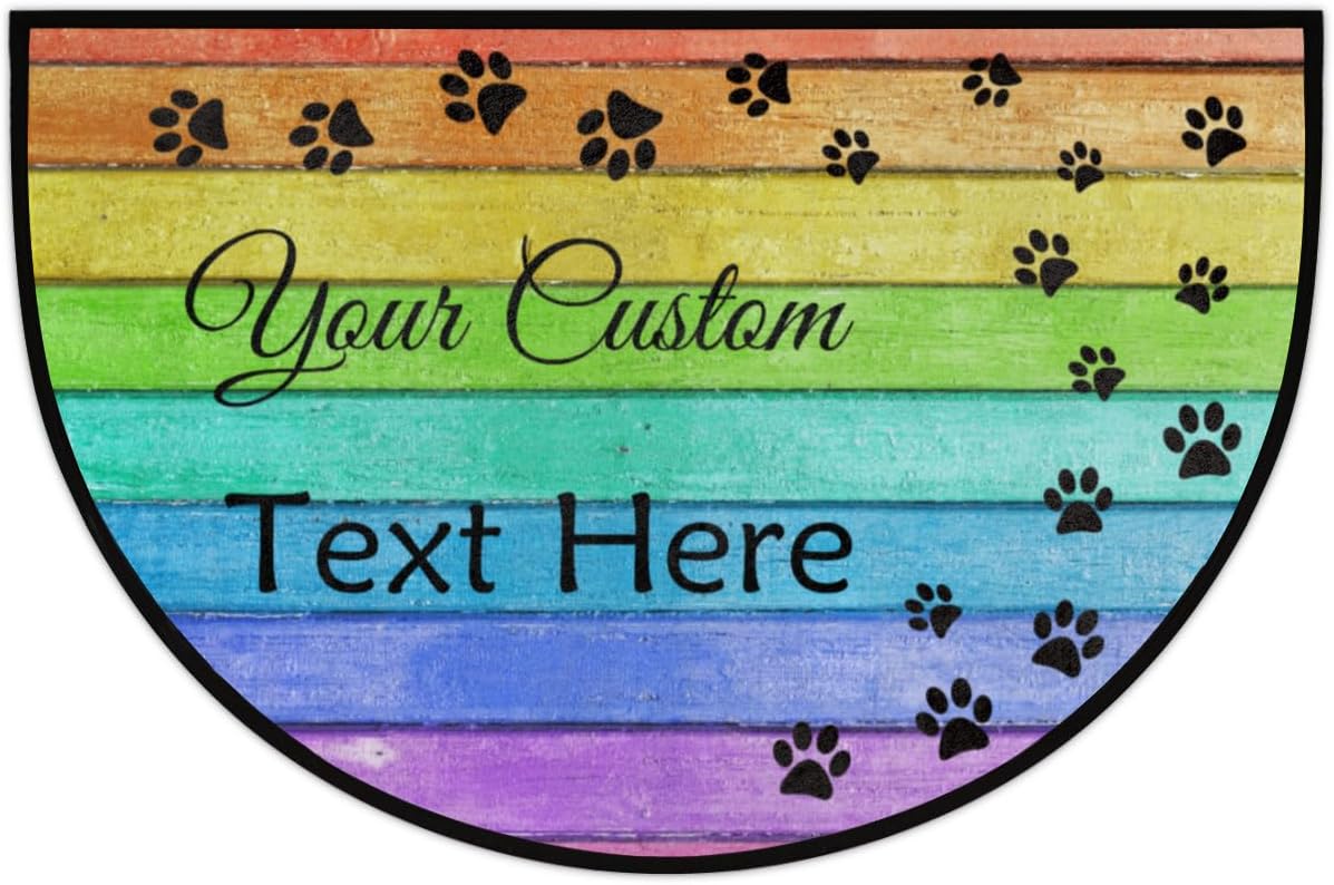 FZDXZJJ Tapete de puerta semicircular personalizado con estampado de patas, diseño de arco iris, texto personalizado de bienvenida para exteriores,