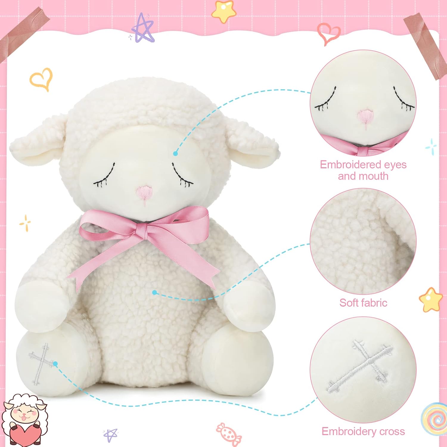 5 piezas de regalos de bautismo para niñas incluyen tarjeta de poesía de felpa de cordero de 8.5 pulgadas con caja de regalo, pulsera de bautismo