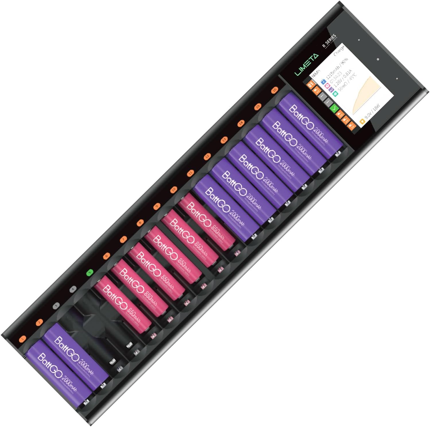 Cargador de batería AA AAA de 16 bahías, cargador de alta velocidad con función de descarga y pantalla LCD, para baterías recargables de iones de