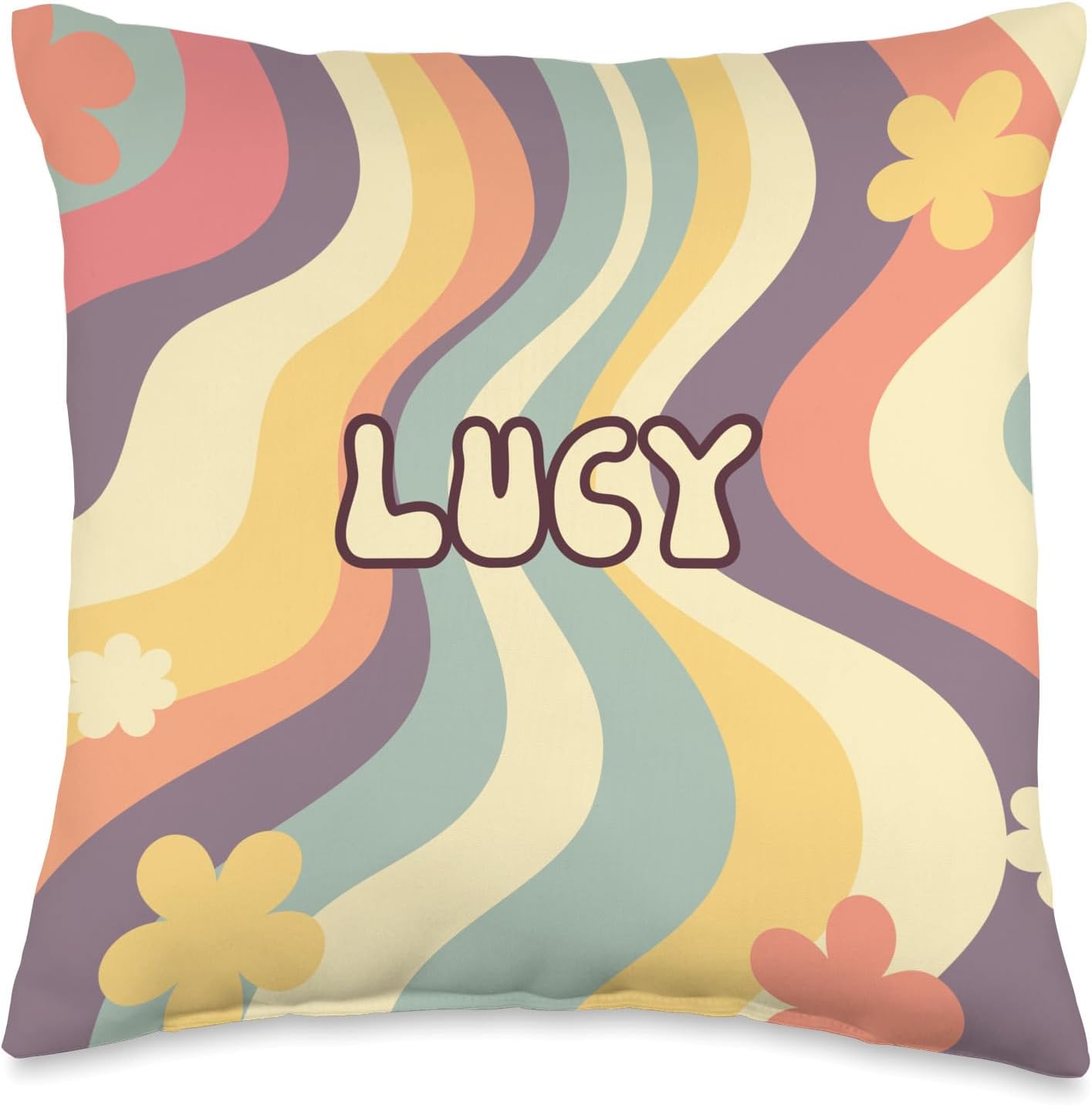 Lucy Custom Name Groovy – Cojín de regalo floral retro, ondulado, 16 x 16 pulgadas, multicolor