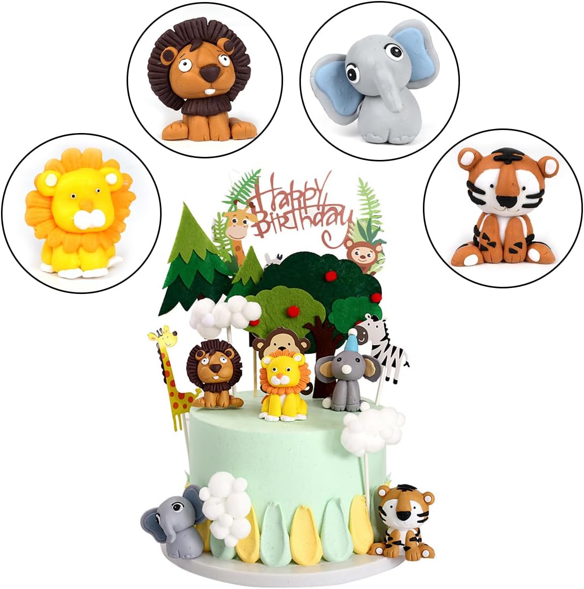 Biendo Decoración para tartas de animales de safari en la selva, 14 piezas de decoración de pastel de animales de feliz cumpleaños, jirafa, tigre,