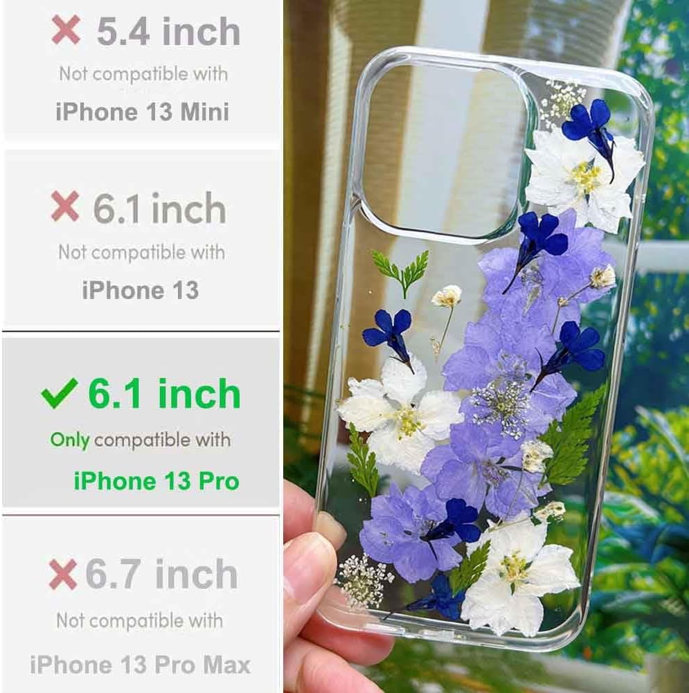 Abbery Funda protectora para iPhone 13 Pro de 6.1 pulgadas con diseño de flores reales secas, con diseño de flores reales secas, para mujeres y