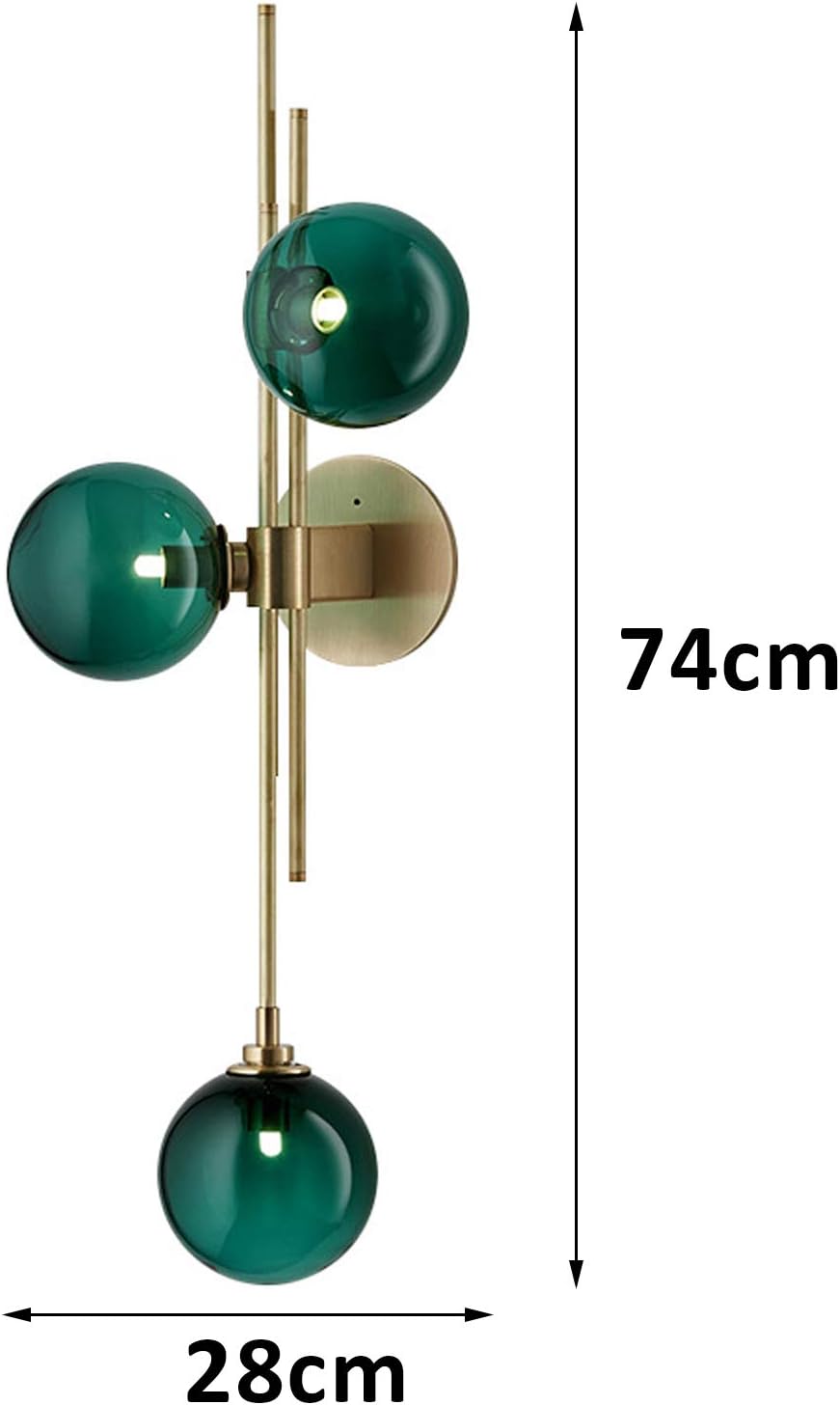 Aplique de pared moderno de mediados de siglo, 3 luces de globo de vidrio, elegante lámpara de pared decorativa de vidrio verde transparente para