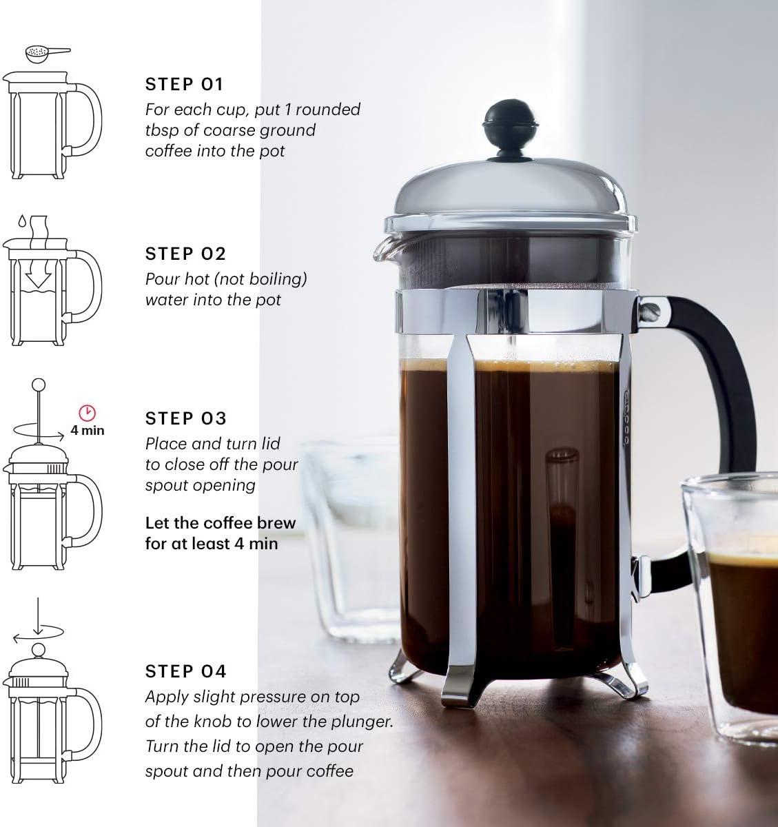 Bodum Chambord – Cafetera de prensa francesa, Jarra de vidrio, Blanco