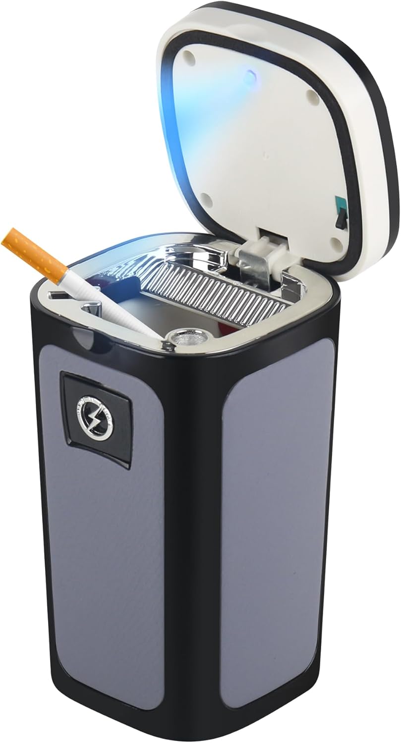 SOLARXIA Cenicero de coche, cenicero automático, encendedor de cigarrillos electrónico, alimentado por energía solar, recargable por USB, con tapa,