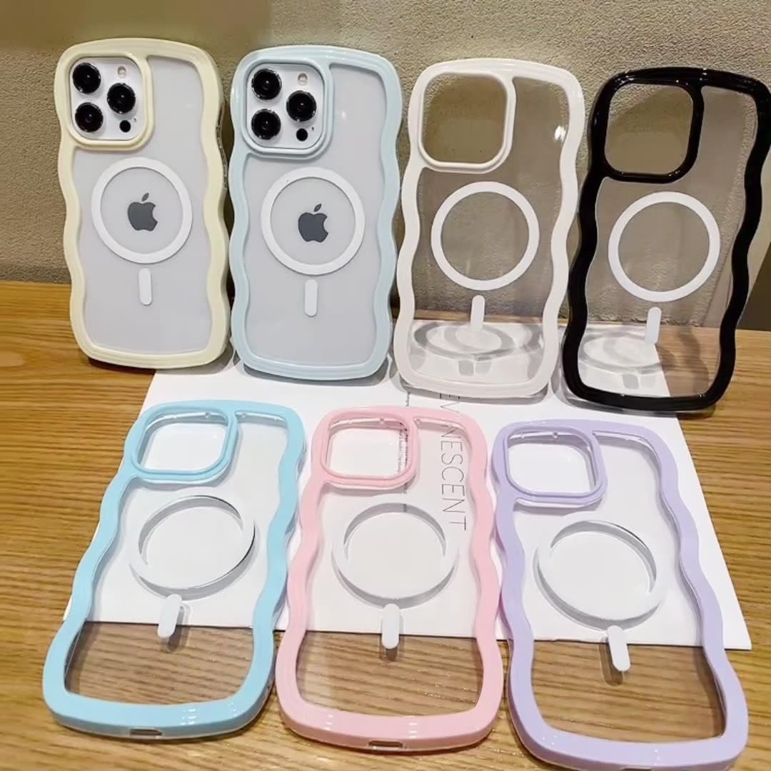 QLTYPRI Funda magnética para iPhone 13 Pro Max compatible con Magsafe, bonita funda transparente con marco ondulado rizado para niñas y mujeres,