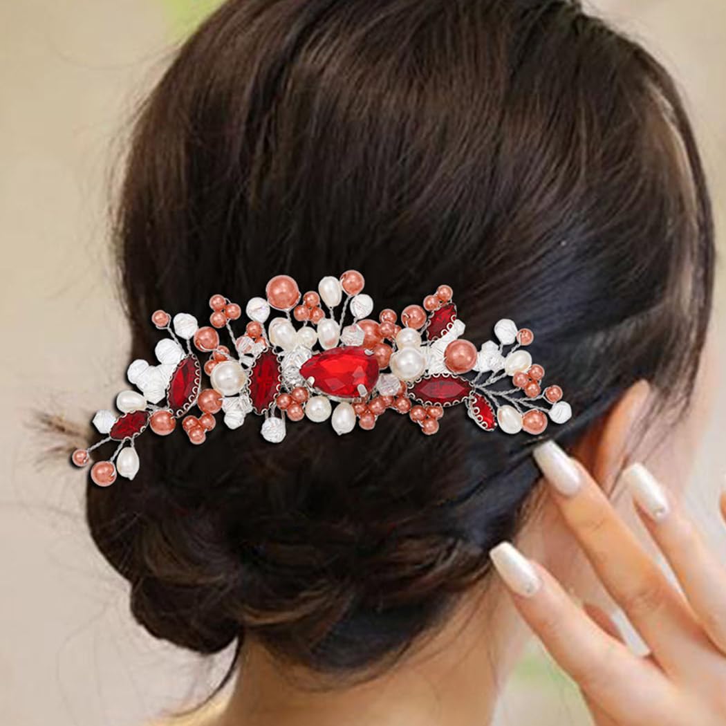 Brishow Peine de pelo rojo con diamantes de imitación de cristal, para boda, pieza de pelo de ópalo vintage, accesorios para el cabello para mujeres
