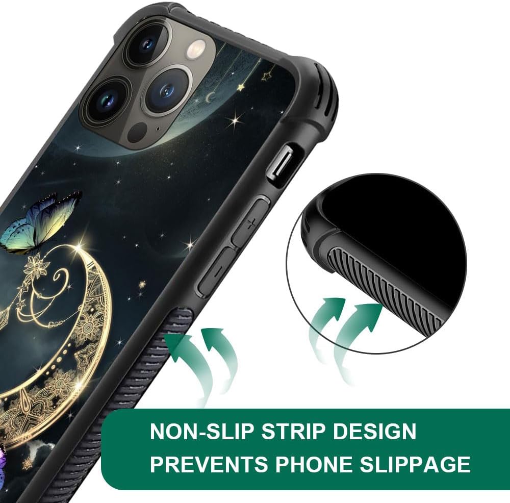 DAIZAG Funda compatible con iPhone 15 Plus, funda de poliuretano termoplástico (TPU) de fantasía retro dorada con luna estrellada y mariposa para