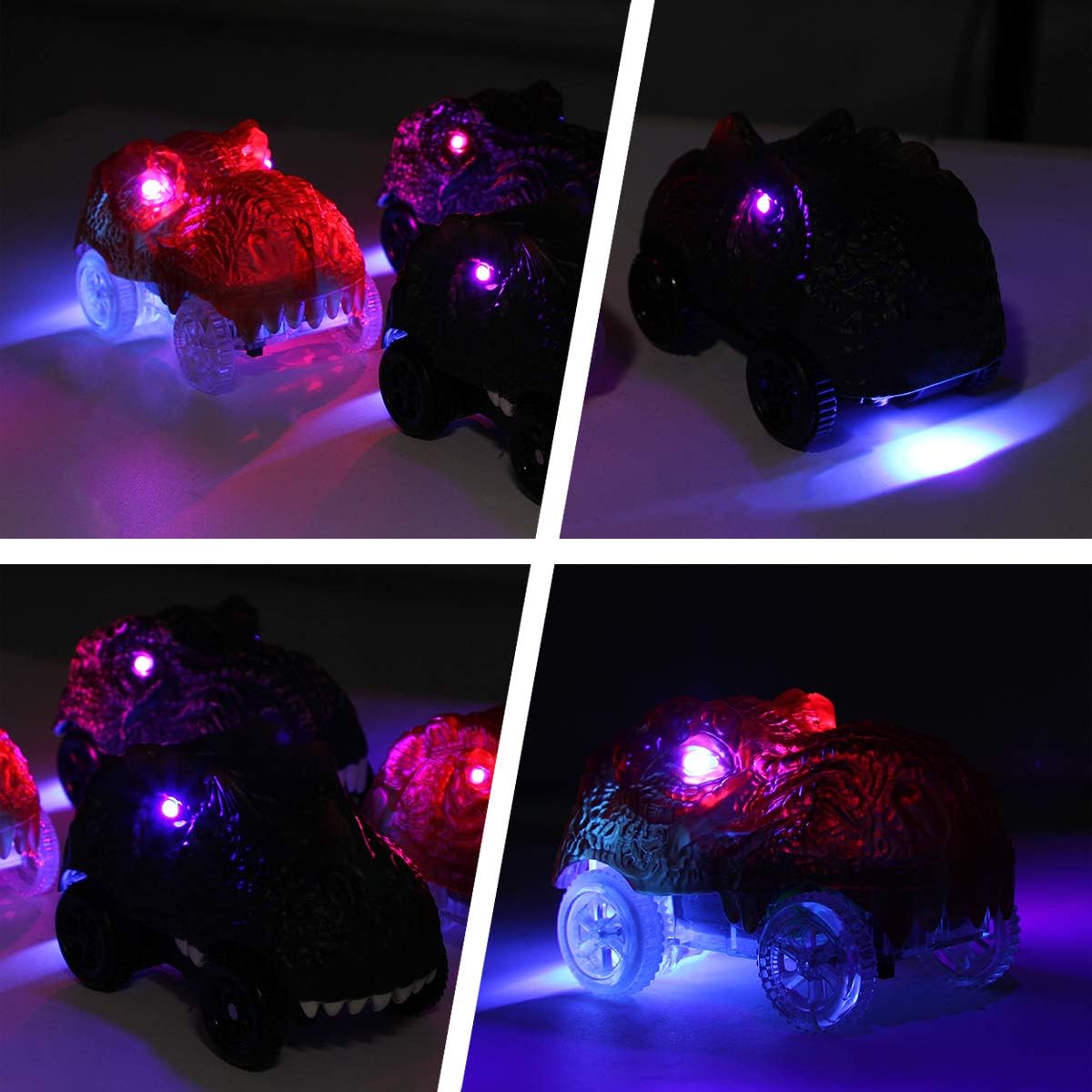 Solo repuesto para autos de pistas, autos de pista de dinosaurios que brillan en la oscuridad, accesorios para pistas de automóvil con 3 luces LED