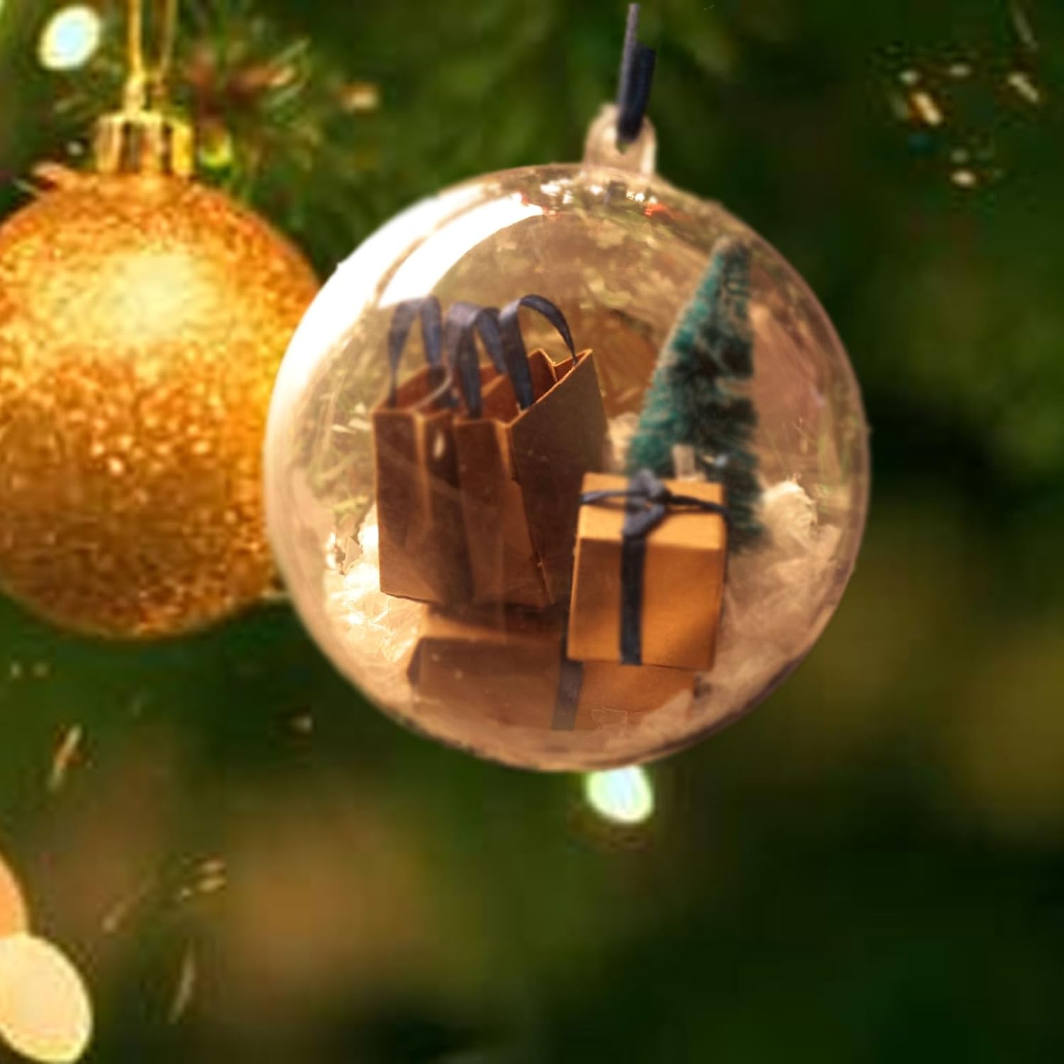 2 adornos para árbol de Navidad con mini cajas de entrega en el interior, divertidas bolas de Navidad transparentes, paquetes de decoraciones de